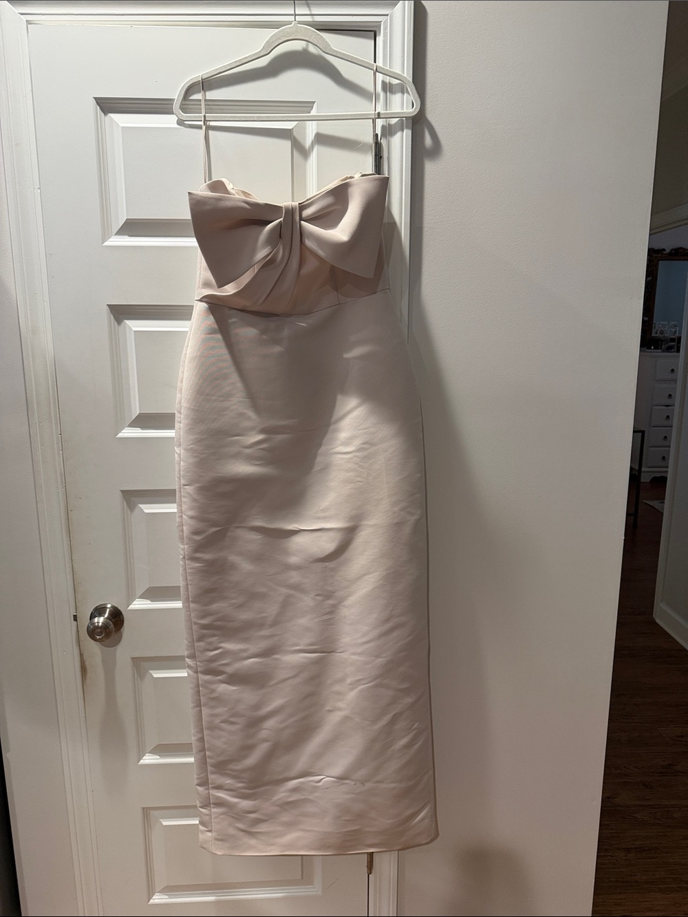 AMSALE Column faille dress with twisted bow detail. Color: Champagne Faille